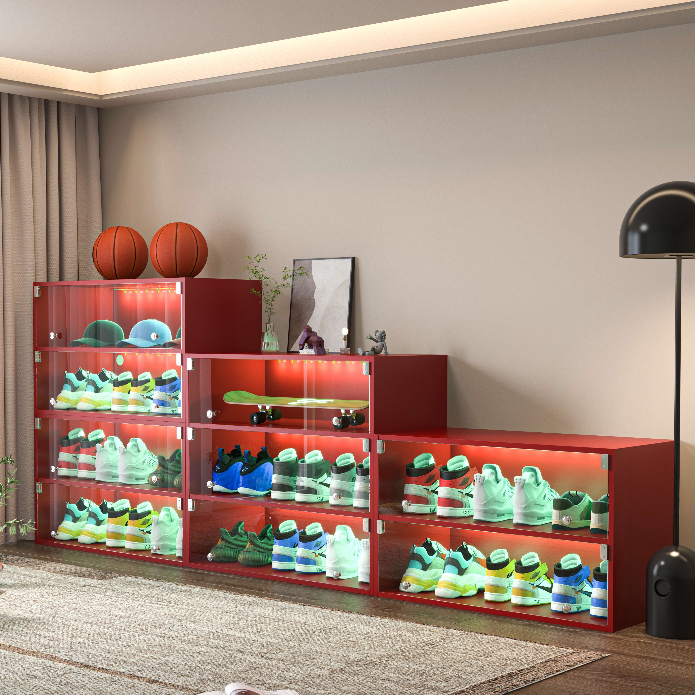 Aukfa Shoe Organizer Storage Cabinet,2 Tier Wood Shoe Box w/ LED APP Control for Closet Entryway,Red