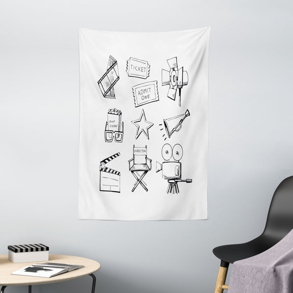 Movie Theater Tapestry, Sketchy Movie Icon Set in Black and White Entertainment Industry Media TV, Wall Hanging for Bedroom Living Room Dorm Decor, 40W X 60L Inches, Black White, by Ambesonne