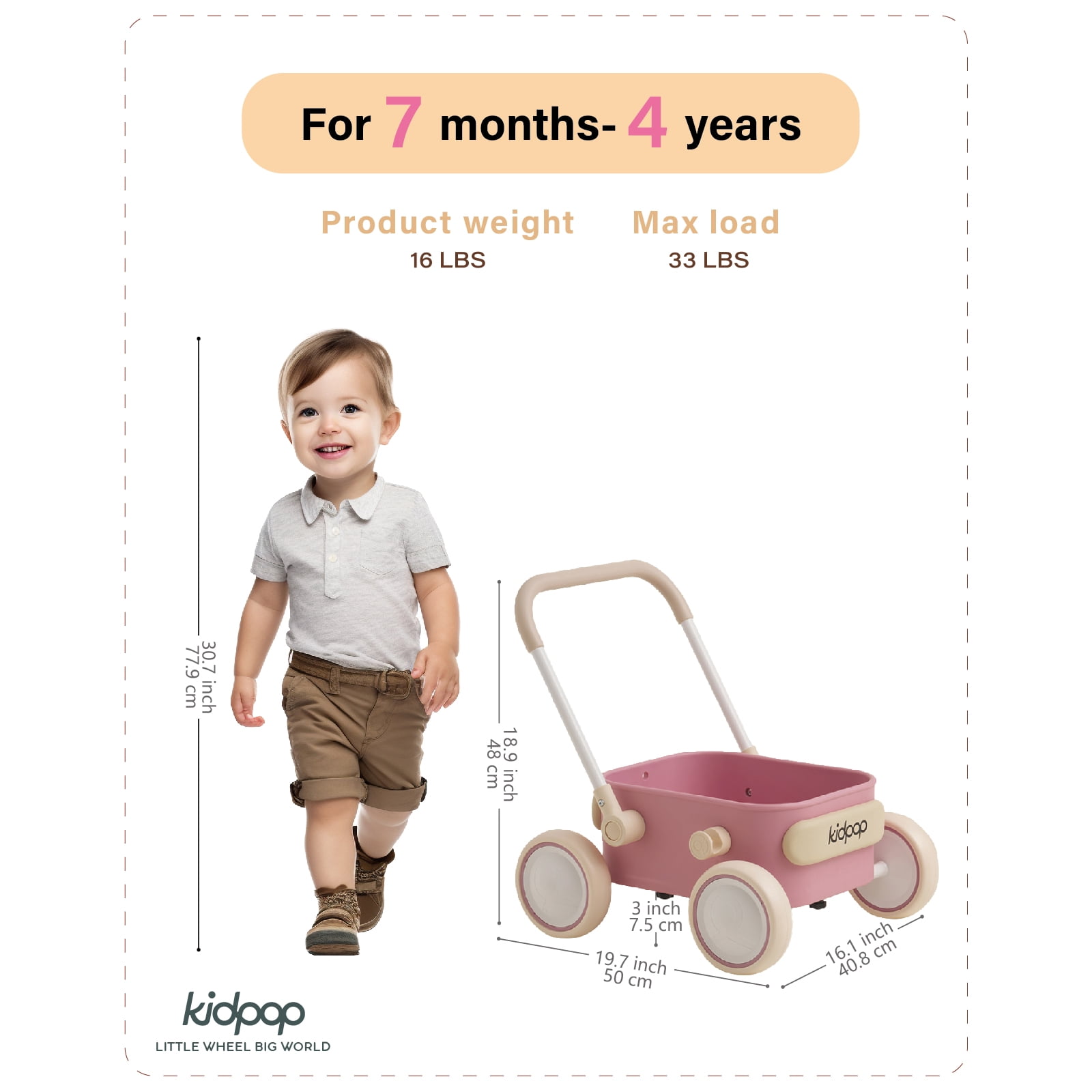 Kidpop PULA Baby Push Walker with Wheels Toddler Wagon for First Learner Baby Toys 6-12 Months, 1 Year Old Birthday Gifts, Indoors and Outdoors