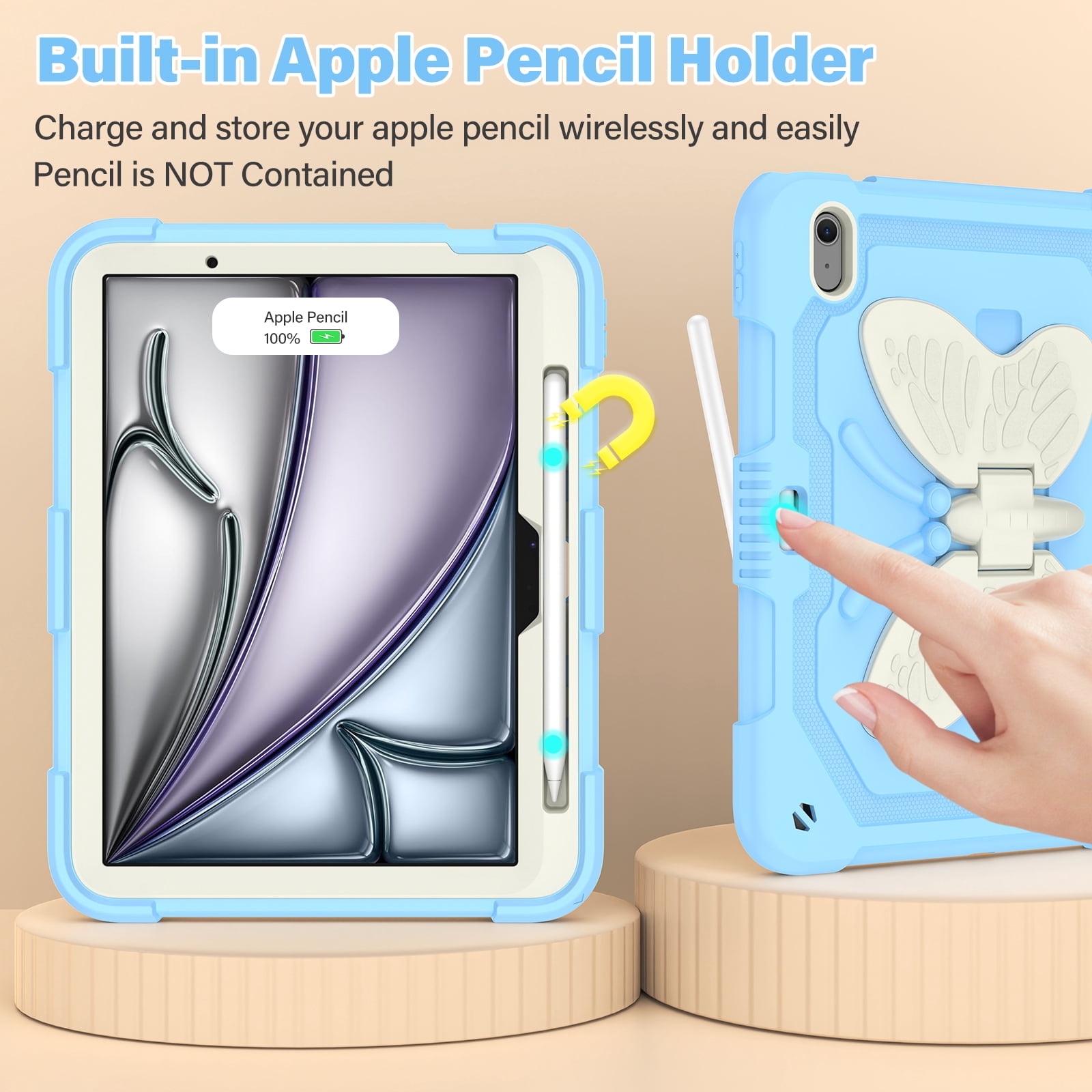 For iPad A16 11th 10th Generation 2025/2022 Case, Rugged Hybrid Cover with Butterfly Wings Hidden Kickstand Pencil Holder Adjustable Shoulder Strap Drop Resistant Anti-Scratch Fashion Case,Blue+Beige