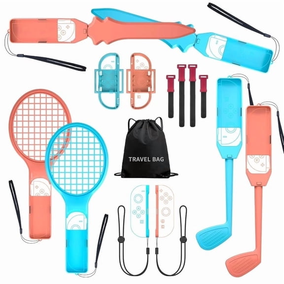 2025 Switch 2 Sports Accessory Bundle - 15-in-1 Family Accessory Kit for Switch Sports Games: Tennis Racket, Sword Grip, Golf Club, Wrist Dance Strap, Leg Strap and More