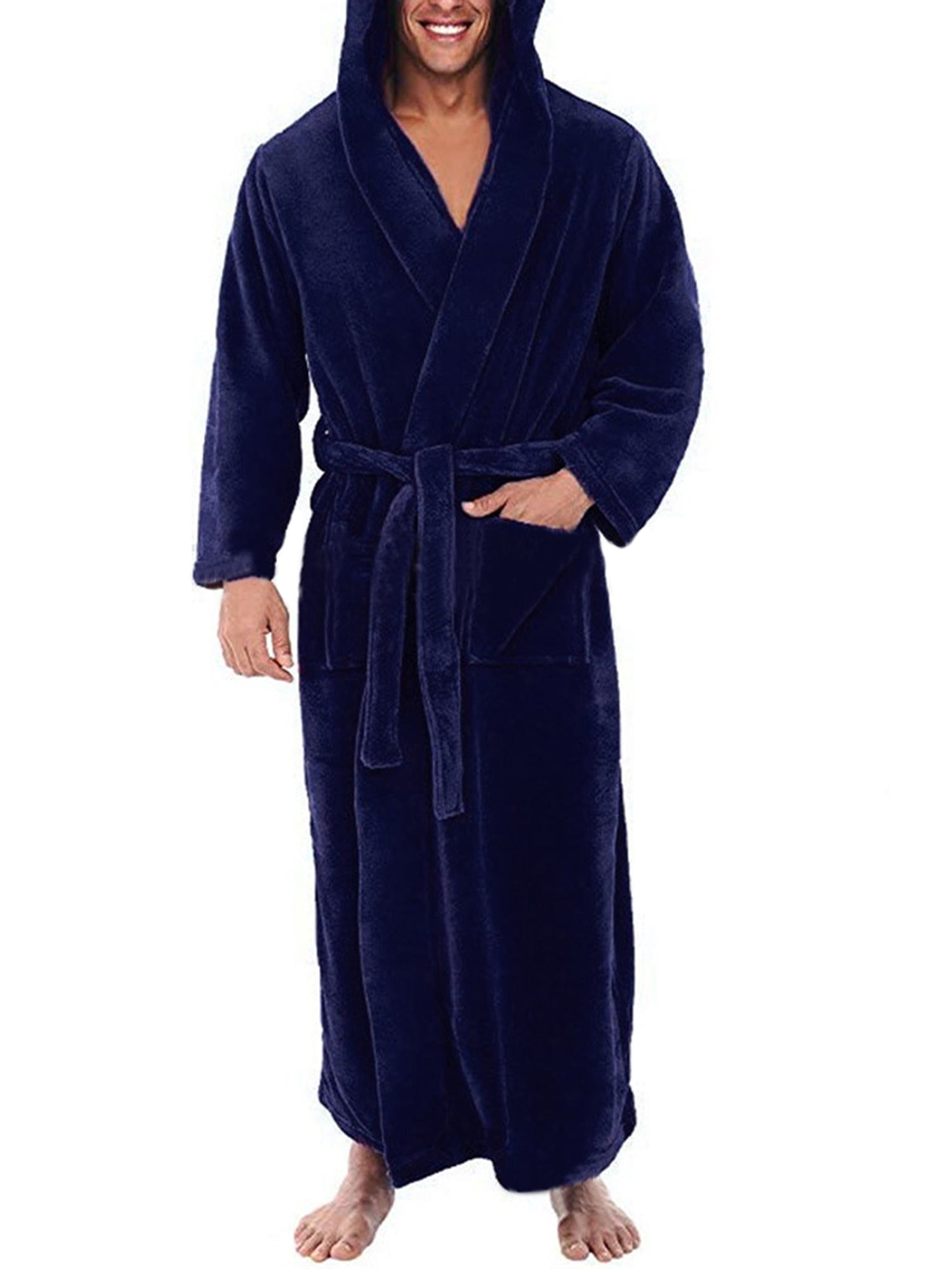 Mens Hooded Robe Full Length Long Plush Shawl Kimono Bathrobe Warm Soft Home Clothes with Belt Nightwear Sleepwear