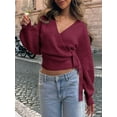 thumbnail image 5 of Women'S V Neck Wrap Sweater Long Lantern Sleeve Cinched Waist Crop Tops Fall Knitwear Red M, 5 of 8