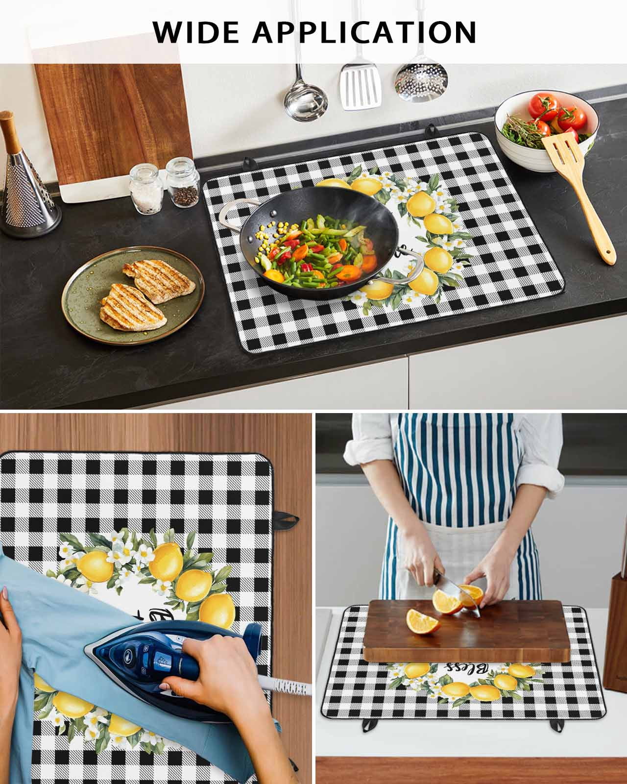 nqOlkjepod Large Induction Cooktop Protector Mat 24"x21", Summer Lemon Stove Top Covers for Electric Stove, Farmhouse Country Black White Check Stove Burner Cover Mats, Glass Top Stove Cover