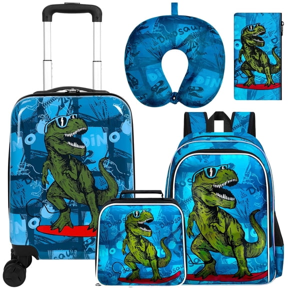 5-Piece Boys Luggage Set β Playful Hardshell Kids Suitcase with 360Β° Spinner Wheels, Lightweight Airline-Approved Carry-On (16") Set for Travel, Skateboard Dinosaur