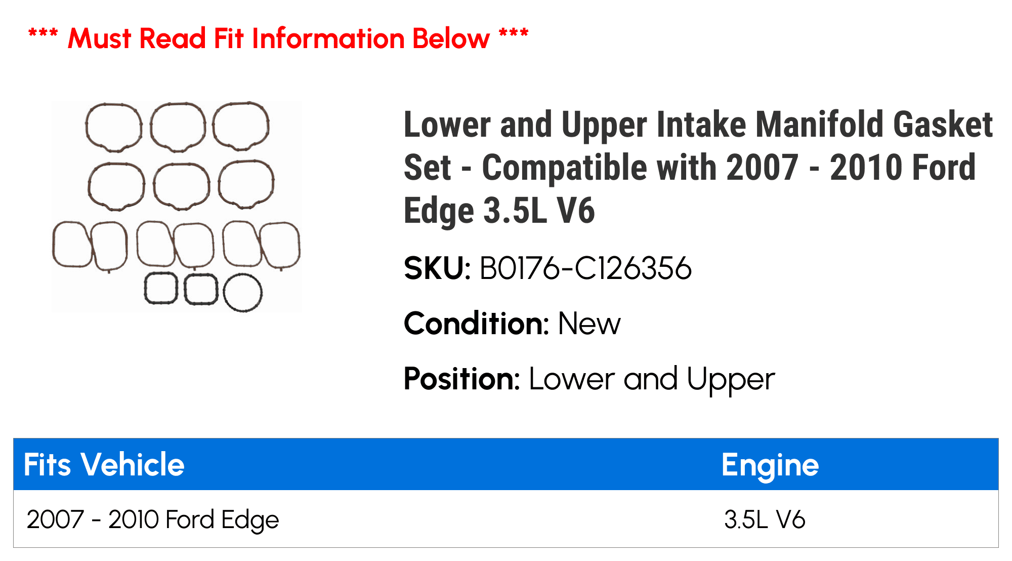 Lower and Upper Intake Manifold Gasket Set - Compatible with 2007 - 2010 Ford Edge 3.5L V6 2008 2009
