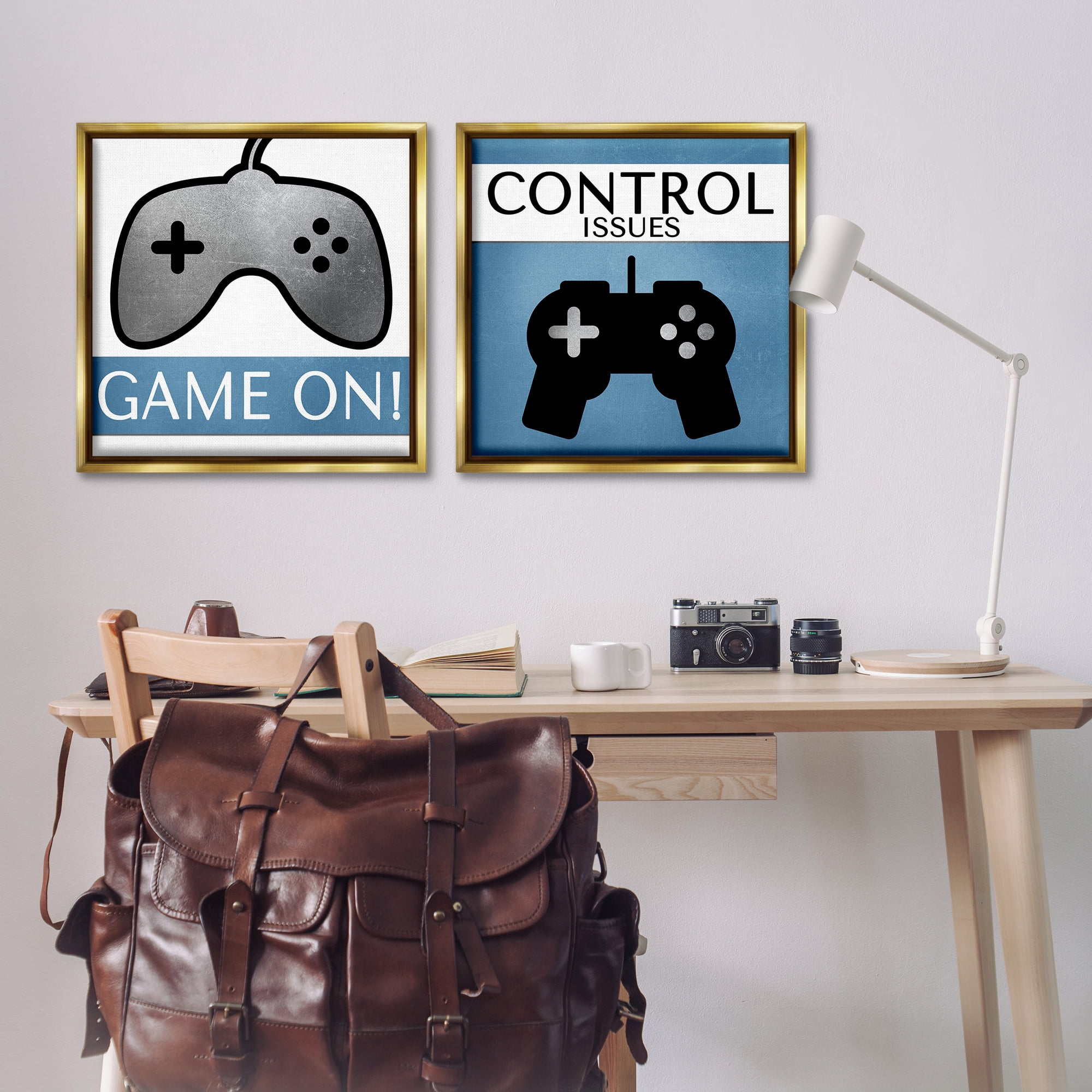 Stupell Industries Control Issues Gamer Entertainment Painting Gold Floater Framed Canvas Art Print Wall Art, 25 x 25, Set of 2