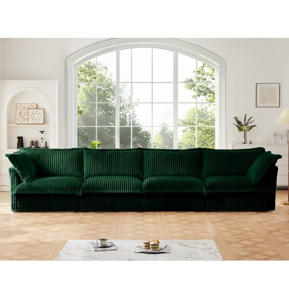 LifeSky Washable Cloud Sofa for Families: 4-Seater Deep Couch with Removable Covers - Green Corduroy Fabric & Modular Design for Living Room & Home Theater