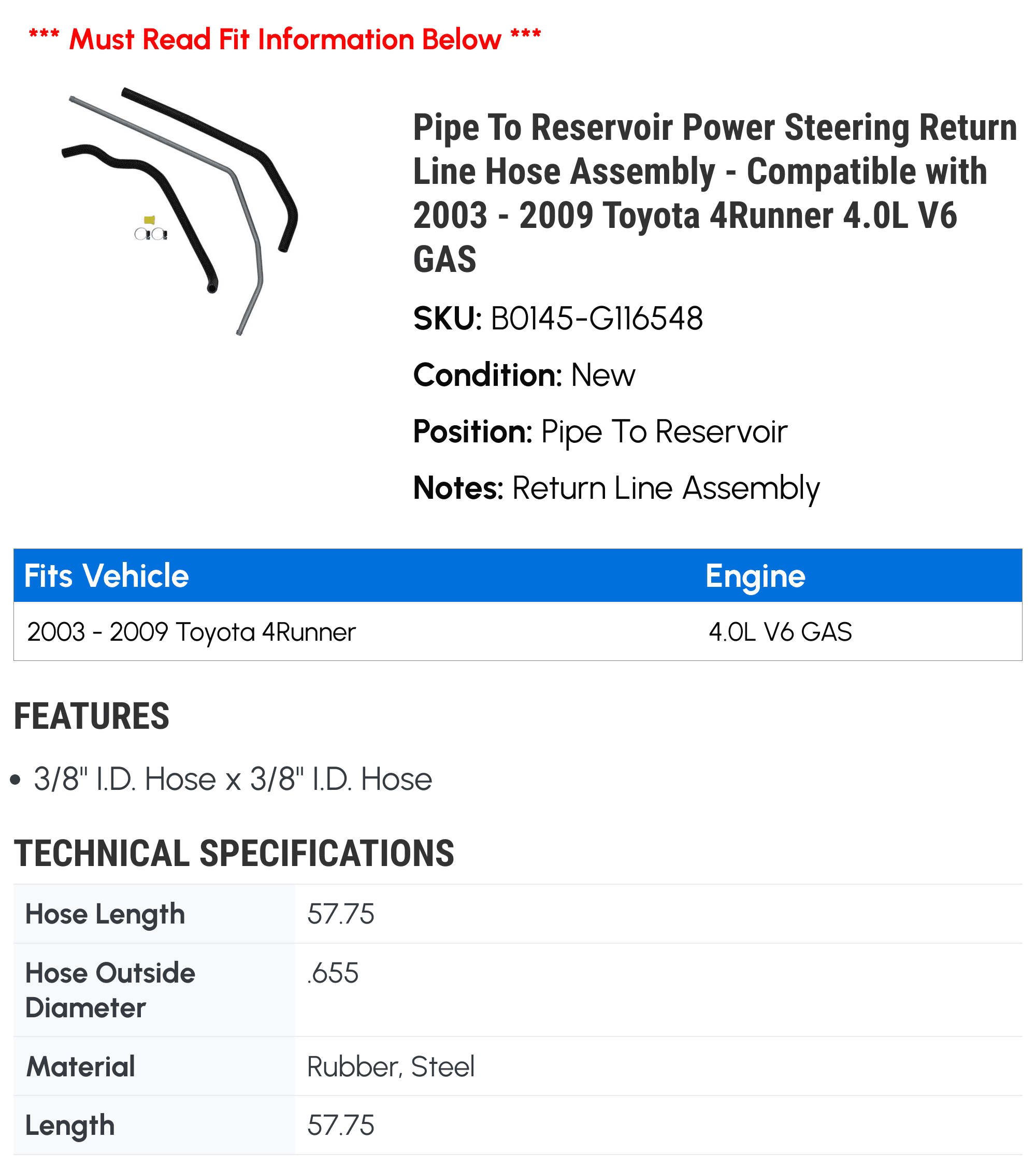 Line To Reservoir Power Steering Return Line Hose Assembly - Compatible with 2003 - 2009 Toyota 4Runner 4.0L V6 GAS 2004 2005 2006 2007 2008