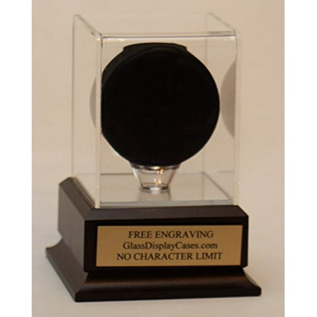 - Hockey Puck Personalized Acrylic Display Case with Cherry Finish Wood Platform Base - Free No Limit Engraving