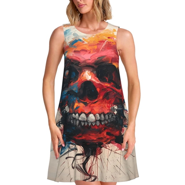 Disketp Abstract Colorful Skull Art para Vestido sin Mangas para Mujeres, Vestidos de Verano para Mujeres, Casual y Holgado para la Playa