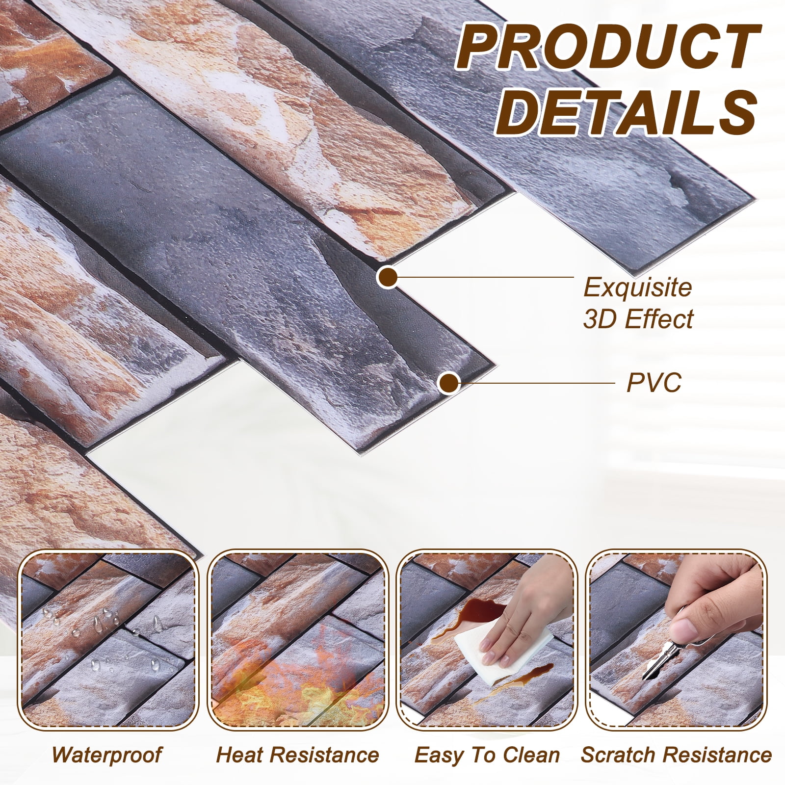 Uxcell 10Pcs Peel and Stick Backsplash Tiles 10.6" x 10.6" 3D Thickened Stone Texture Self-Adhesive Tile Stickers Wallpaper Wall for Kitchen Bathroom Bedroom, Grey Orange