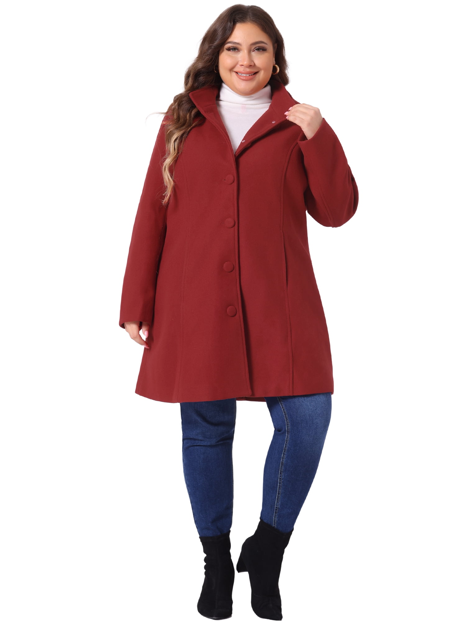 DARING DIVA Women's Plus Size Single Breasted Detachable Hooded Overcoat 4X Dark Red