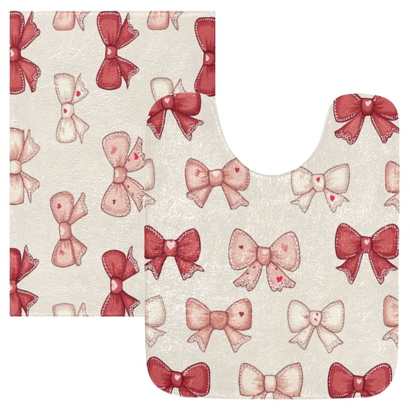 2 Piece Soft Bathroom Rug Set Pink and Red Bows Bath Mat and U-Shaped Toilet Contour Rug (16"x24" 20"x24")