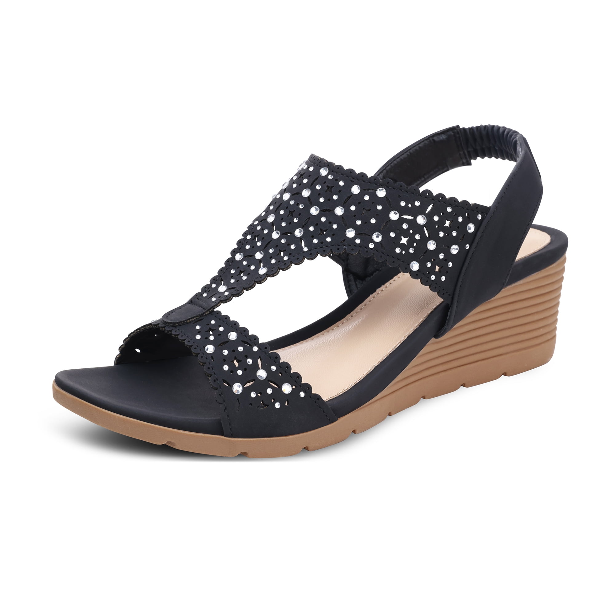 SHIBEVER Womens Wedge Sandals Rhinestone Open Toe Platform Sandals