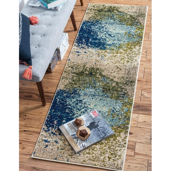 Rugs.com Hyacinth Collection Rug – 10 Ft Runner Blue Medium Rug Perfect For Hallways, Entryways