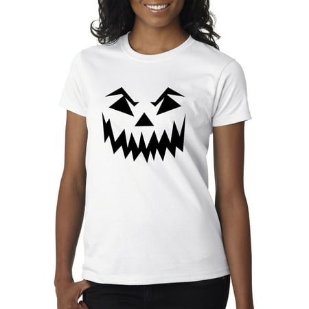 Trendy USA 972 - Women's T-Shirt Scary Halloween Pumpkin Face Jack O Lantern XL White