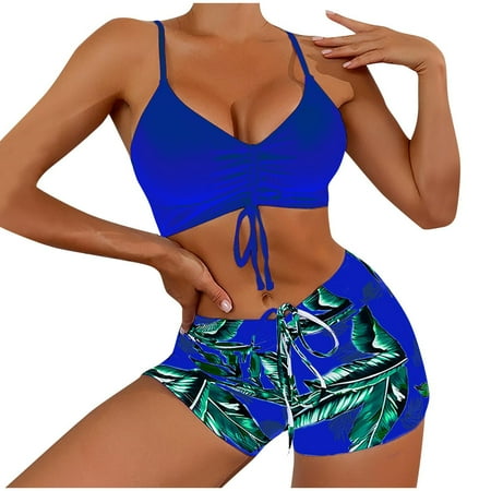 Oplxuo Tankini Bathing Suits for Women Two Piece Swimsuits Drawstring Padded Swim Top with Tropical Print Boyshorts Swimwear