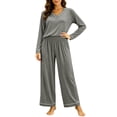 thumbnail image 4 of Women's V-Neck Loungewear Two Piece Set Loose Long Sleeve Top and Straight Leg Full Length Pants Soft Breathable Casual Pajama Set Dark Gray, 4 of 7