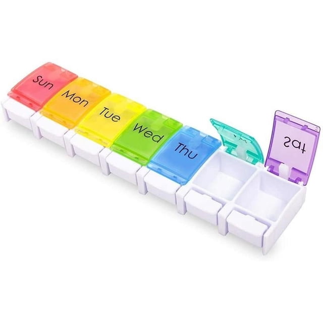 Pastillero semanal apto para artritis, pastillero de viaje de 7 días con diseño abierto de resorte y compartimento grande para guardar vitaminas, aceite de hígado de bacalao