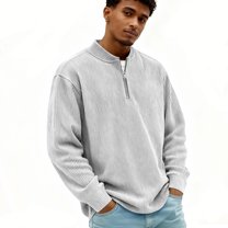 Men's Corduroy Sweatshirts Quarter-Zipper Casual Stand Collar Long Sleeve Ribbed Golf Shirts Light Gray S