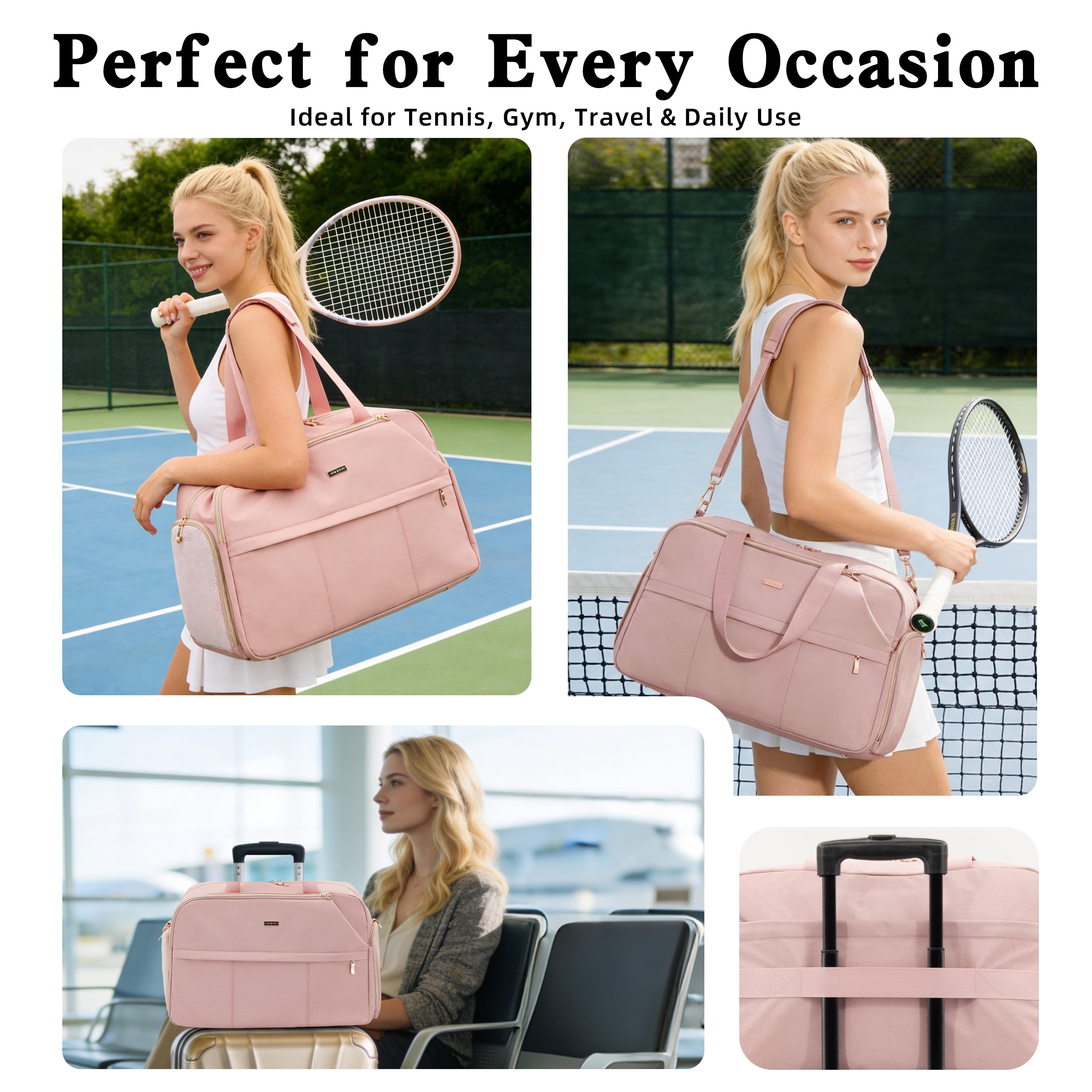 Tennis Bag for Women, Large Tennis Racket Bag Fits 2 Racquets, Pickleball Gym Sports Tote, Pink