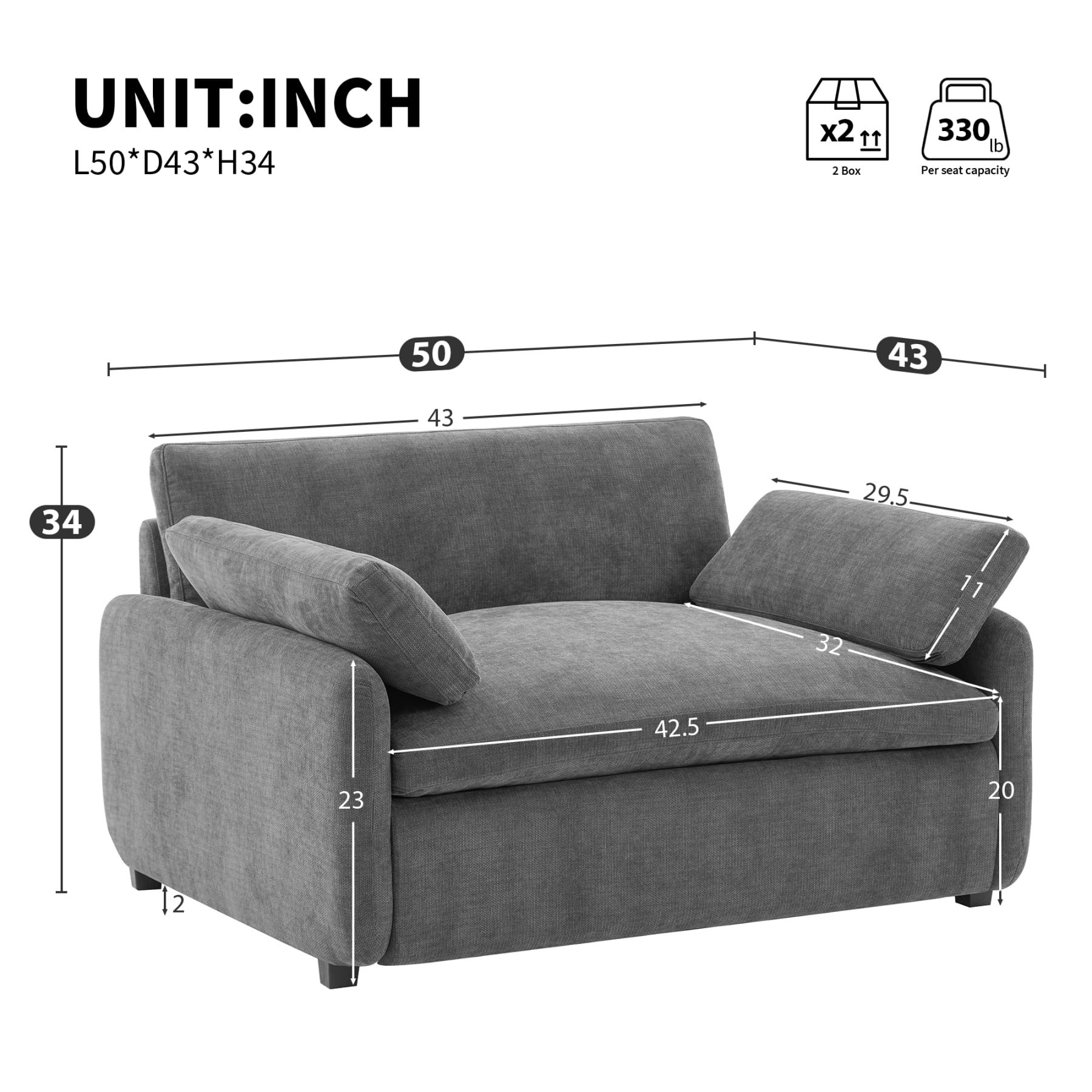 Leumius 50" Oversized Single Sofa Chair, Upholstered Chenille Accent Chair with Wide and Deep Seat, Modern Comfy Armchair,with Pillows for Living Room,Apartment,Bedroom,Gray
