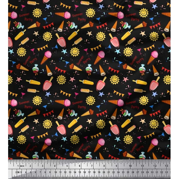 Soimoi Crepe Silk Fabric Sun,Ice Cream & Cocktail Summer Designs Printed Fabric 1 Yard 42 Inch Wide