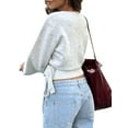 thumbnail image 3 of Women'S V Neck Wrap Sweater Long Lantern Sleeve Cinched Waist Crop Tops Fall Knitwear Gray S, 3 of 9