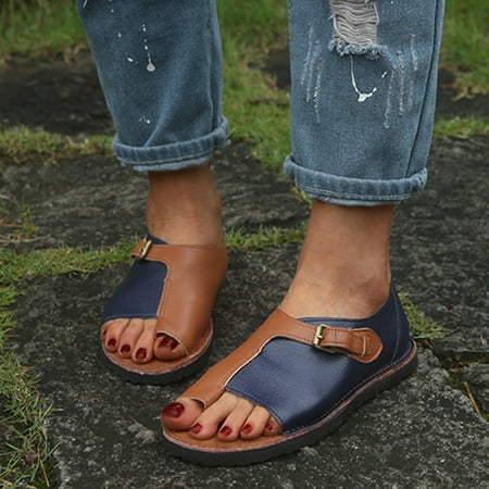 

HIBRO Summer Sandals Retro Buckle-Strap Color Matching Sandals Flat Bottom Roman Ladies Shoes