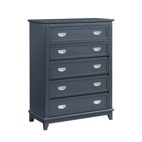 Benjara Sely Tall Dresser Chest, 5 Drawers, Navy Blue Wood Nickel Ring Handles