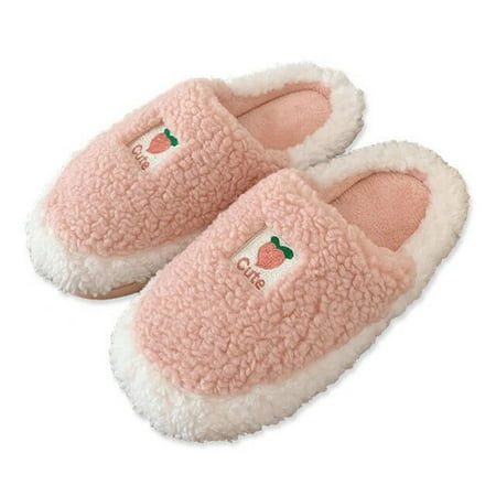 

Cute Pink Peach Pattern House Girls Fur Slippers Winter Keep Warm Plush Bedroom Ladies Cotton Shoes Home Women Fluffy Slippers