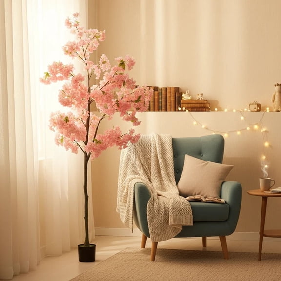 OYEAL 6ft Tall Pink Cherry Blossom Artificial Tree with Plastic Nursery Pot, Exquisite Artificial Plants for Home Office Indoor Decor