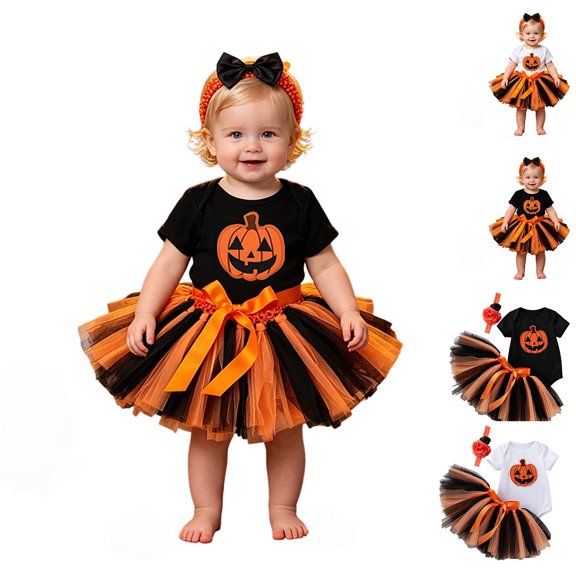 CAIXIA Baby Girl Halloween Outfit Short Sleeve Bodysuit Orange Tutu Skirt 3-Piece Handmade Outfit