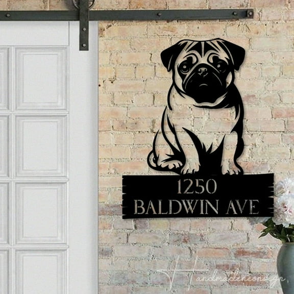 Handmadetneonsign Pug Dog House Number Metal Wall Art LED Light - Personalized Sign Home Decor 58667