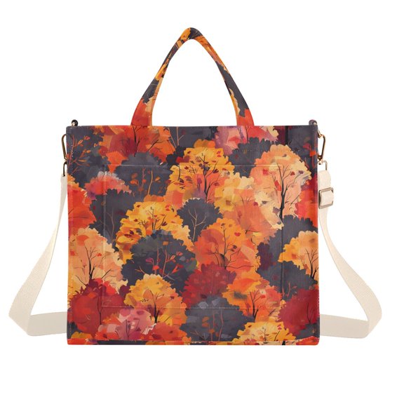 Trees Orange Autumn Corduroy Tote Bag Handbag Large Messenger Bag Shoulder Crossbody Zipper Bag Purse