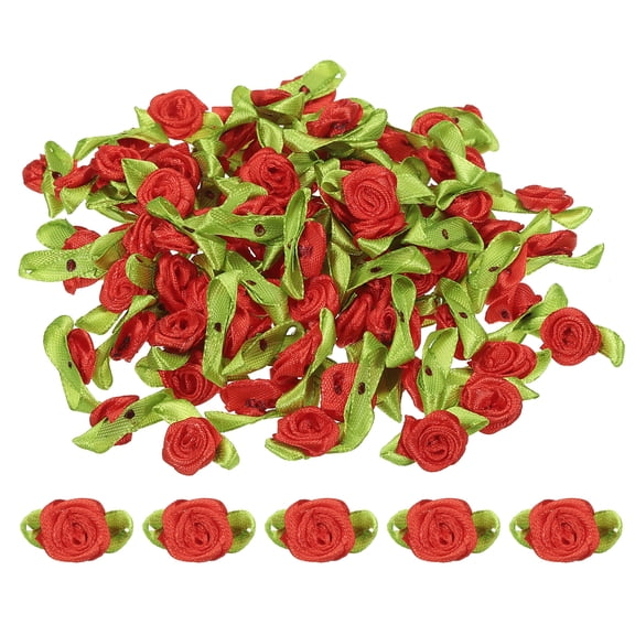 Mini Ribbon Roses Tiny Satin Fabric Flowers with Green Leaves Embellishments Red