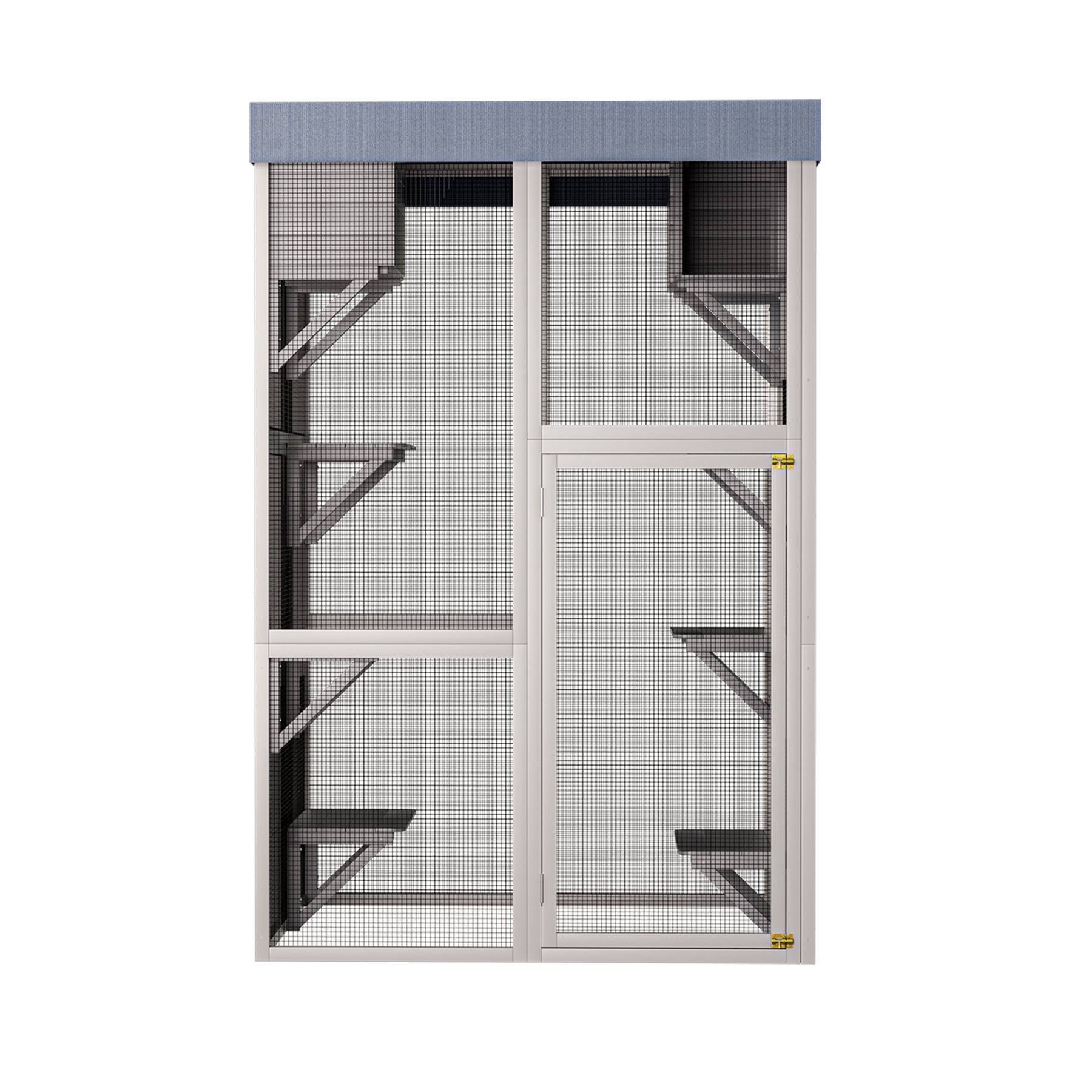 70.5" Tall Wooden Catio Outdoor Cat Enclosure, Gray Cat House Large Solid Wood Cage Playpen with 6 Jumping Platforms & 2 Napping Houses, Movable tarp cover