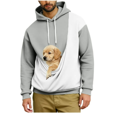 Lcziwo Pet Pocket Hoodie Men Long Sleeve Cat Dog Pouch Sweatshirt Unisex Casual Loose Patchwork Pullover Fall Fashion Clothes Gray M