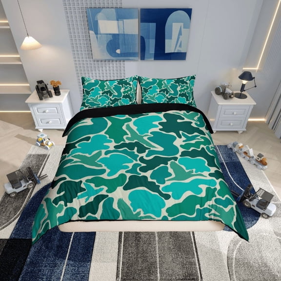 Erosebridal Teal Green Camouflage Comforter Cover Twin, Aesthetic Abstract Artwork Bedding Twin Size, Camo Bedroom Decor, Reversible 2-Piece (No Comforter)