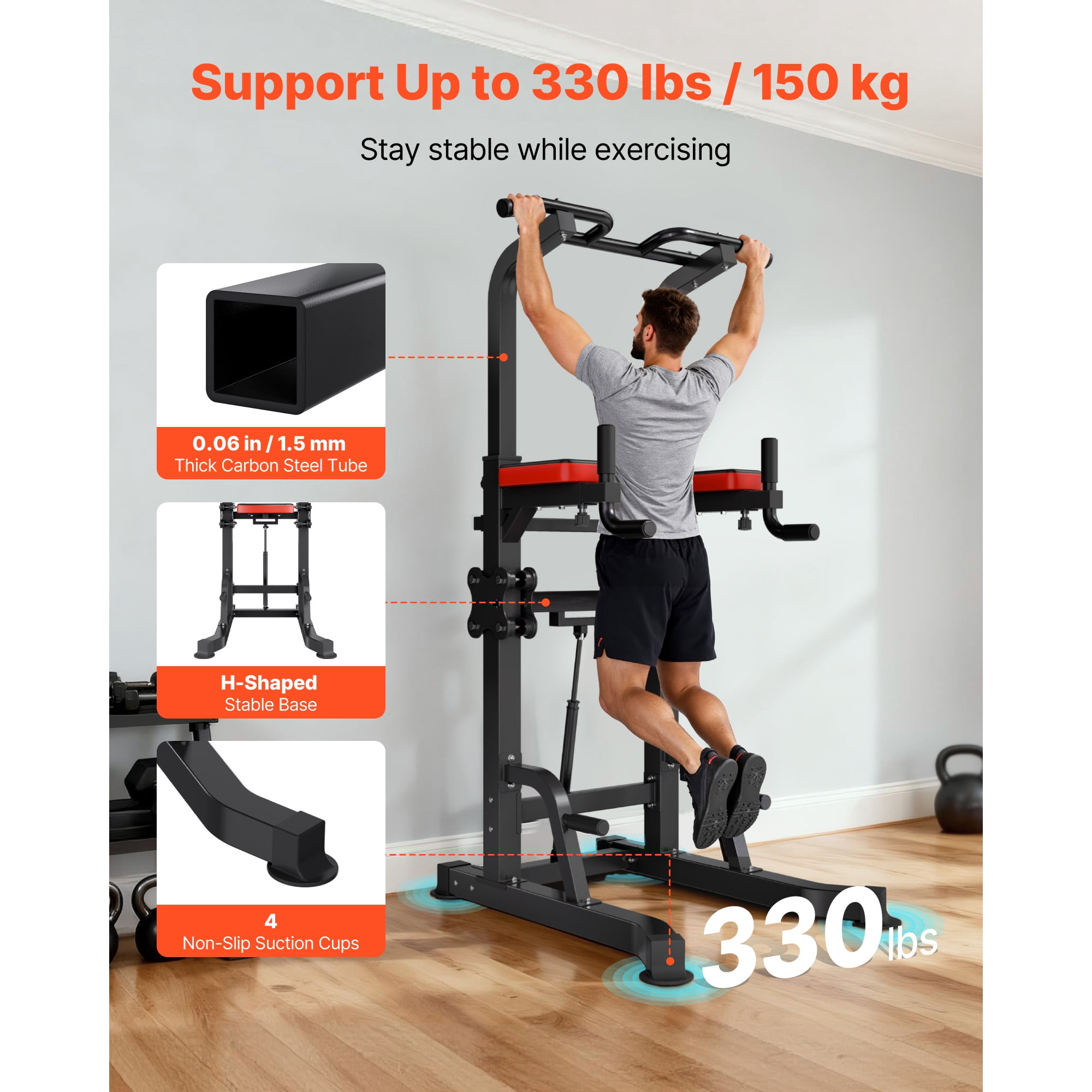 KFFKFF Pull Up Bar, 330 LBS Capacity Power Tower Dip Station, Fitness Dip Station with Stable H-Shaped Base & Support Platform, 9-Level Adjustable