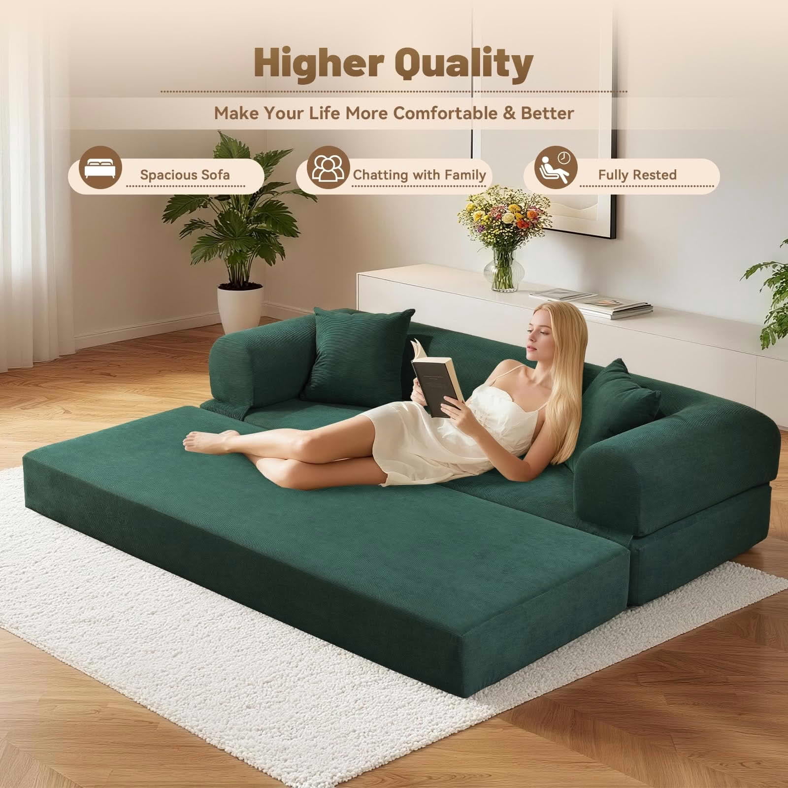 MAYEERTY 80" Dark Green Corduroy Convertible Sofa Bed, 600lbs Queen Size Fold Out Sleeper Couch with Storage & No Assembly for Living Room