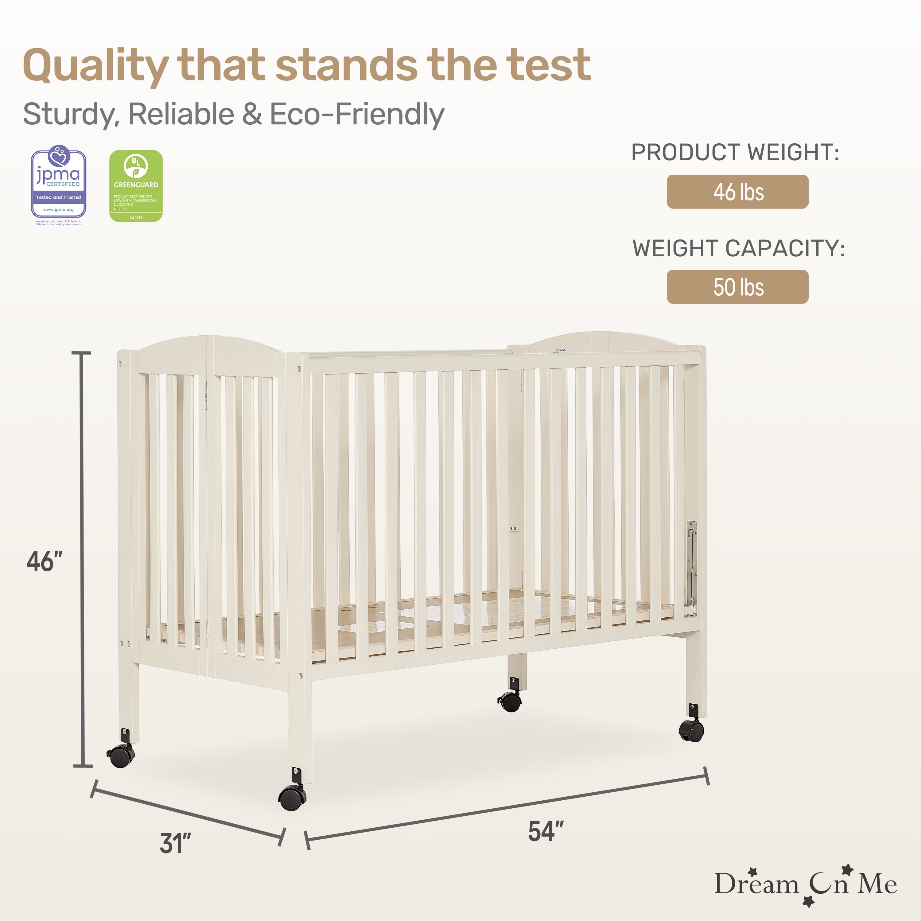 Dream On Me Full Size 2-in-1 Folding Stationary Side Crib, Locking Wheels, French White