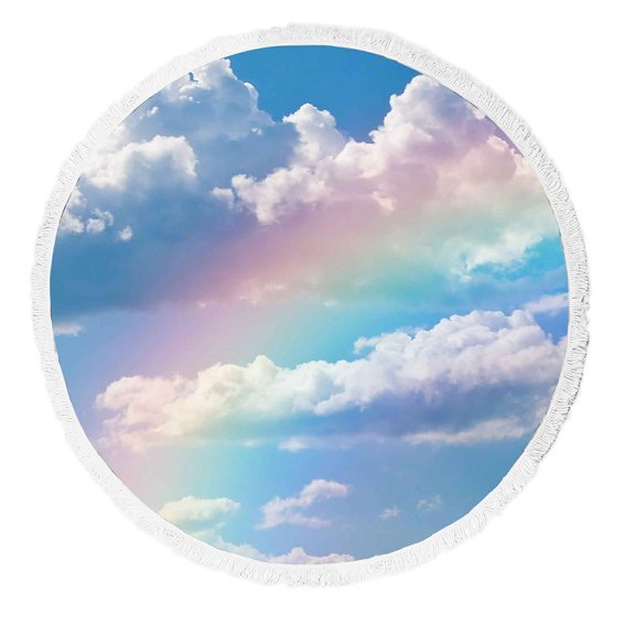 ZKGK Blue Sky White Clouds Round Beach Towel Beach Mats Beach Shawl Beach Blanket with Tassels Beach Throw Towel Yoga Mat