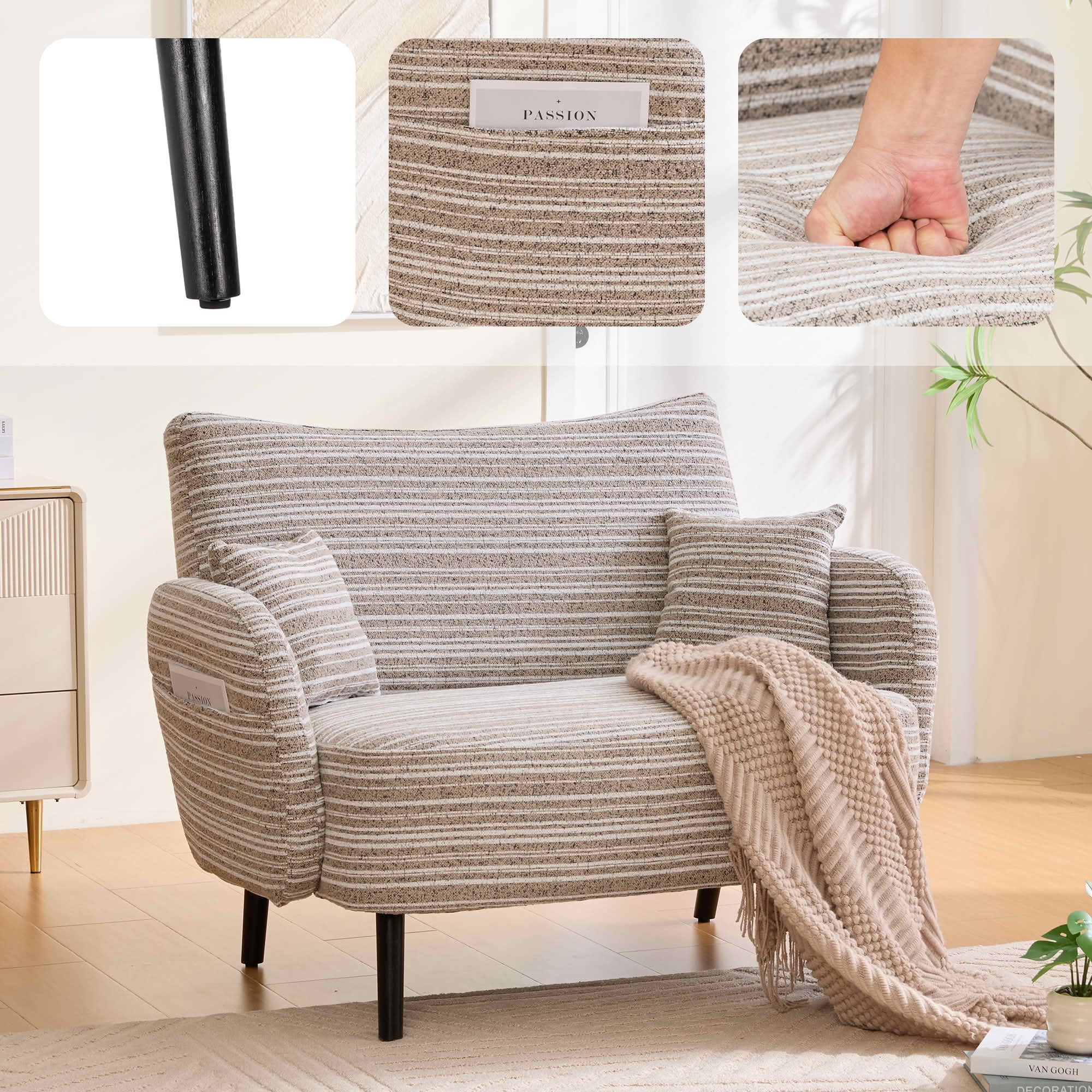 MAYEERTY Modern 2-Seat Deep Seat Loveseat, Fabric Couch with Storage Pockets & Arm Pillows for Small Apartment Bedroom