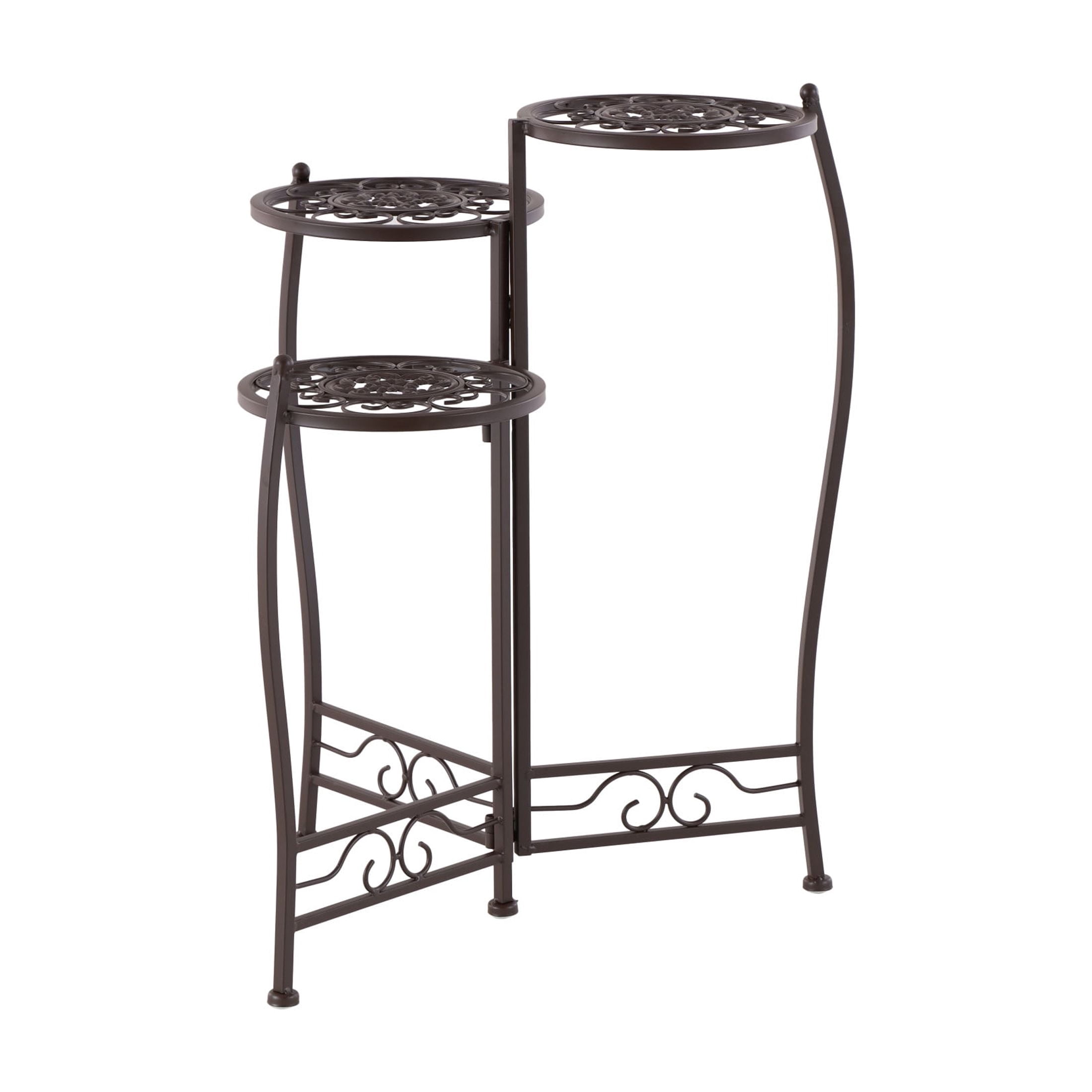 DecMode 24" x 18" x 18" 3 Tier Brown Metal Scroll Plantstand with Scroll Details