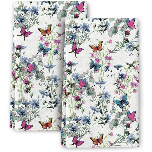 Kitchen Dish Towels Spring Summer Flowers Butterfly Hand Towels Set of 2 Farmhous Home Holiday Decor Gifts 16"x24" Absorbent Drying Cloth Decorative Floral Tea Towels