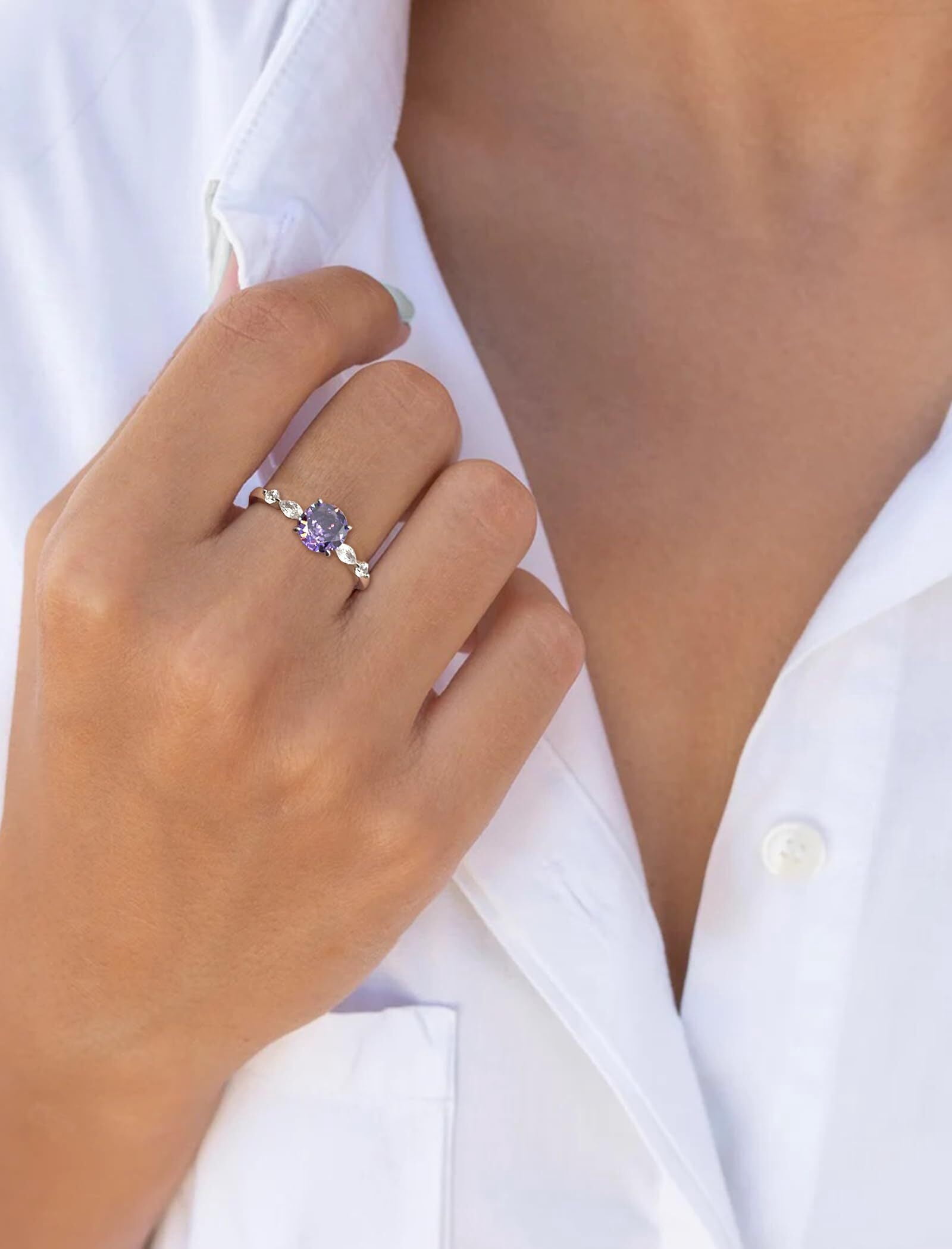 Starchenie Round Promise Rings for Her | 925 Sterling Silver Halo Ring | February Birthstone Amethyst Engagement Wedding band for Women Size 6