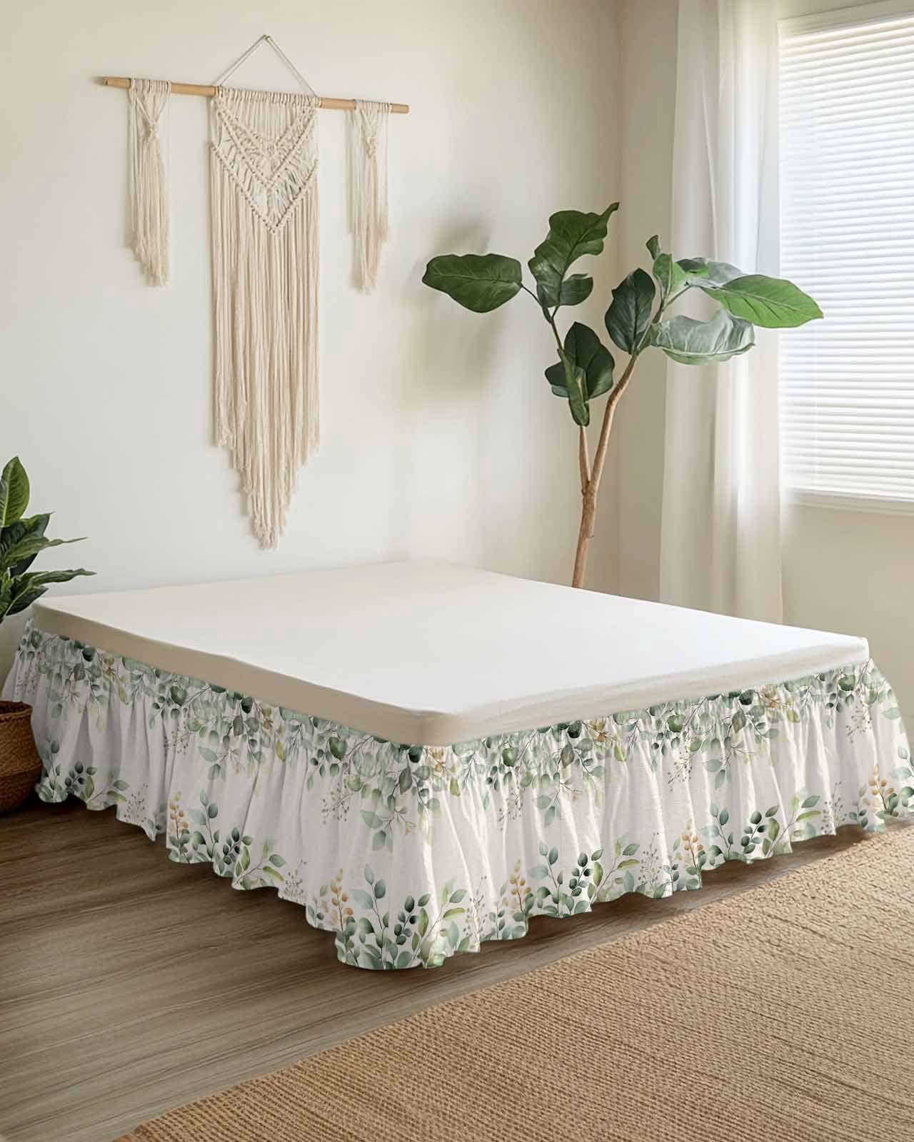 Retro Eucalyptus Leaves Ruffle Bed Skirt King Size Sage Green Leaf Summer Plants Linen Adjustable Elastic Dust Bed Skirts Wrap Around Bedskirt Wrinkle Free Easy Fit with 18 Inch Drop