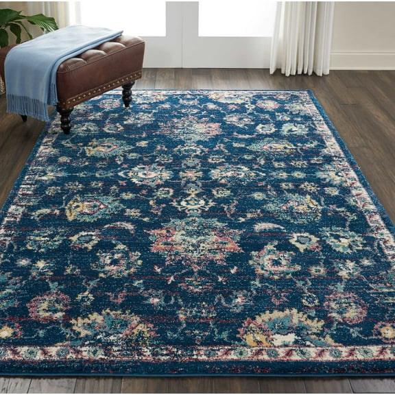 Nourison Fusion Bordered Navy/Pink 5'3" x 7'3" Area Rug, (5x7)